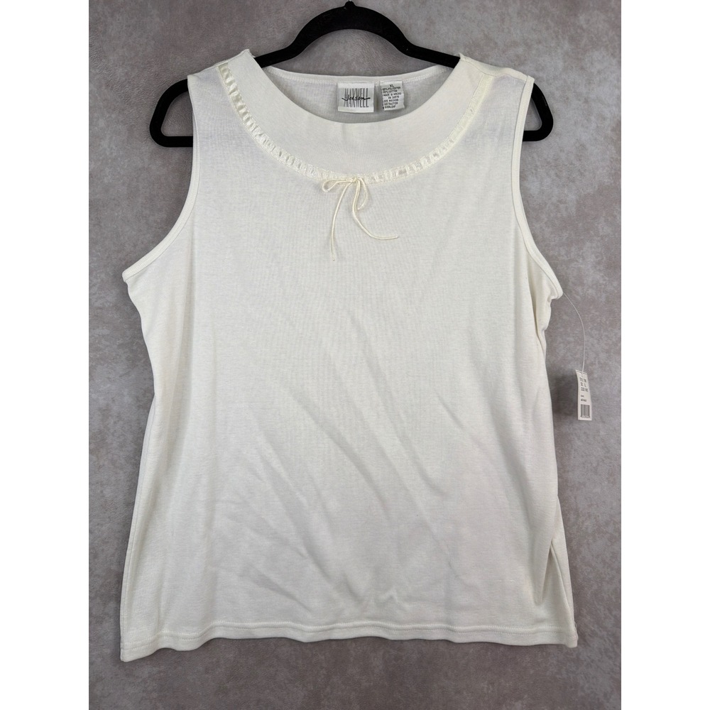 NWT Jason Maxwell Women's White Tank Top XL Sheer Trim Bow Accent Sleeveless Top